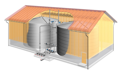 Drinking water tank in a cut-open barn-like building