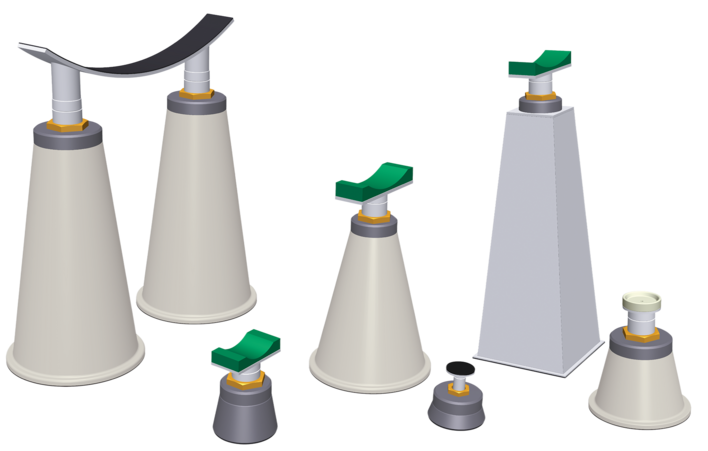 Overview of various 3D product models of adjustable pipe supports and foundations for industrial plant construction.