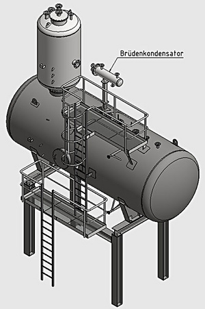 Graphic thermal degassing system with steel substructure and exhaust vapour condenser 