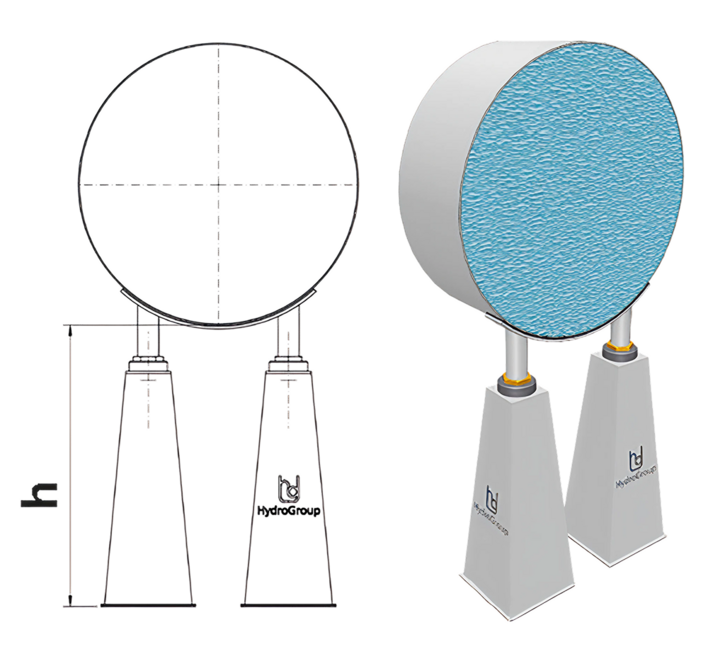 Technical 2D dimension drawing and 3D product view of adjustable conical pipe supports with a pipe section and blue industrial valve.