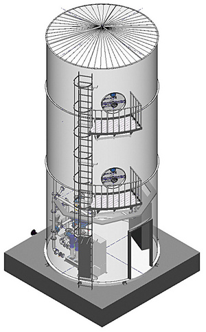 3D visualisation of the HydroSystemTower as a water tower made in stainless steel