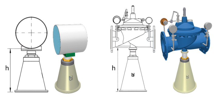 Technical drawing and 3D model of a pyramid-shaped double pipe support by HydroGroup with height dimensioning for industrial pipelines.